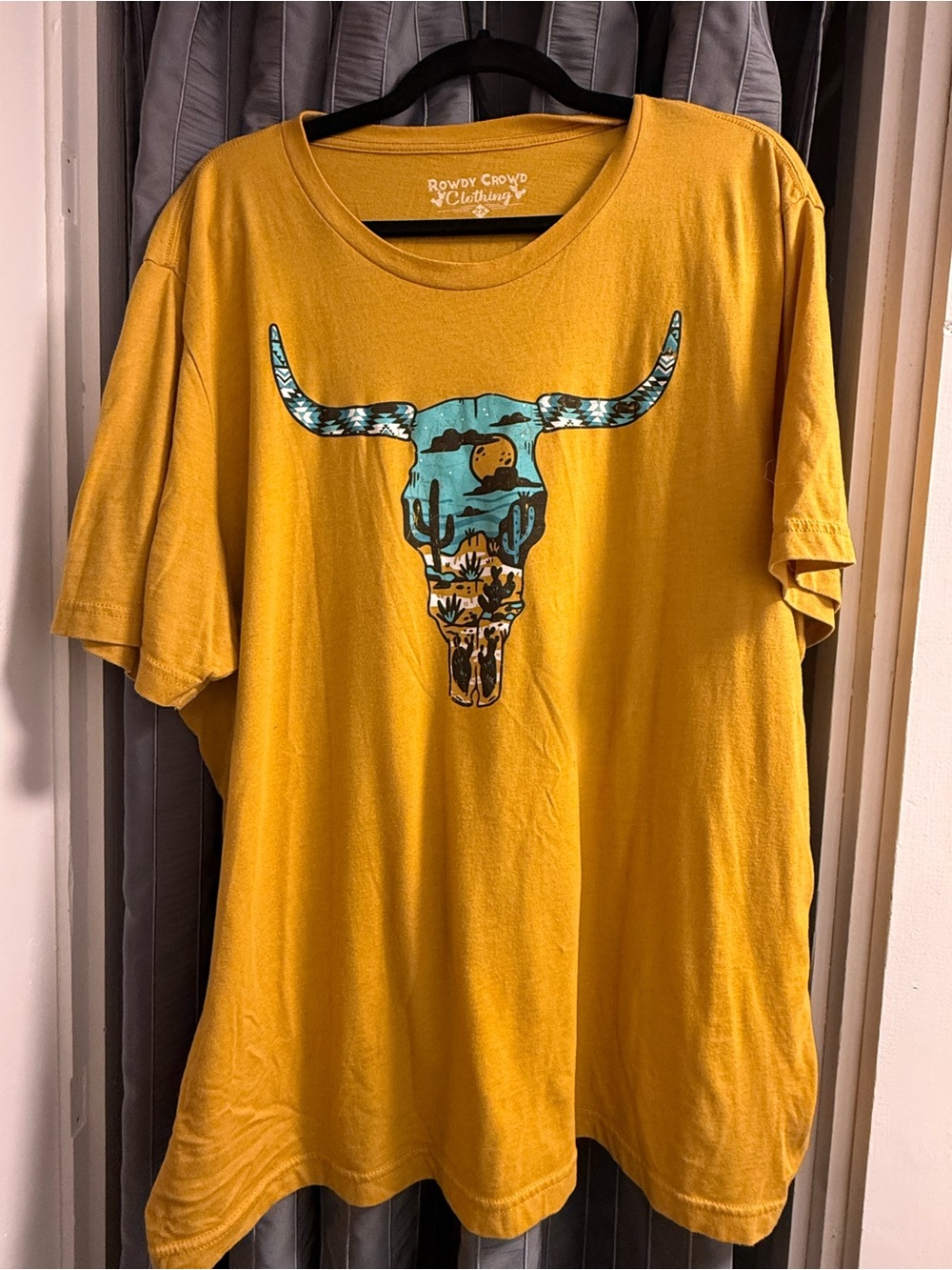 Rowdy Crowd Mustard Graphic Tee with Turquoise Bull Skull